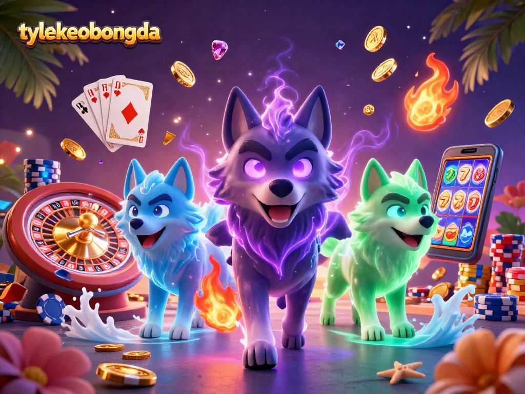 Engage with tylekeobongda's thrilling casino scene featuring wolves, colorful chips, and flying coins.