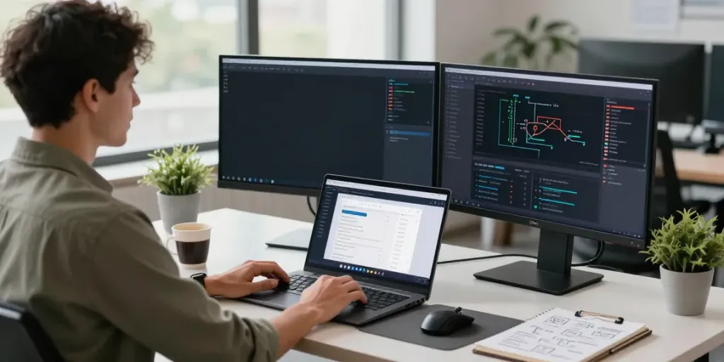 Developer utilizing instant indexing tools at a modern tech workspace