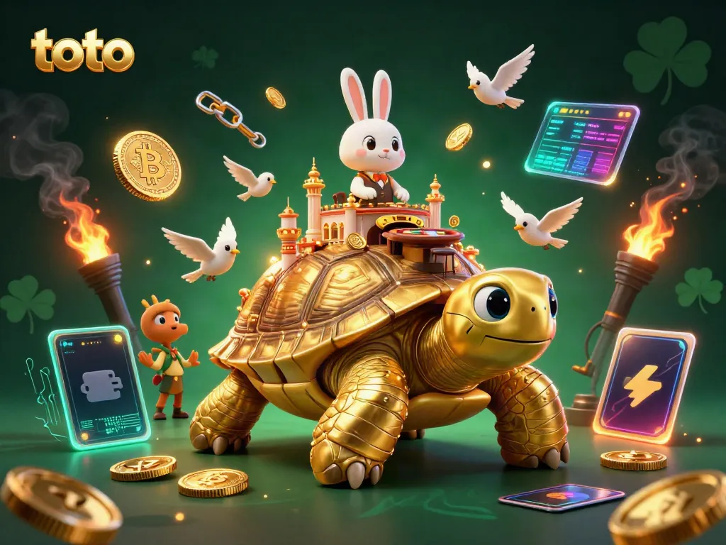 Engage in thrilling gaming with toto at this vibrant casino-inspired scene featuring a golden tortoise.