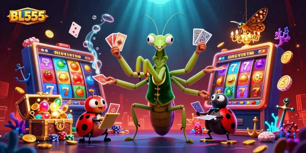Engage with the thrilling world of BL555 where a 3D mantis card sharp, ladybug pit boss, and vibrant slot elements create a captivating casino scene.
