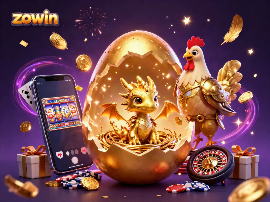 Experience the excitement of zowin with a golden dragon and poker chips in a vibrant casino scene.
