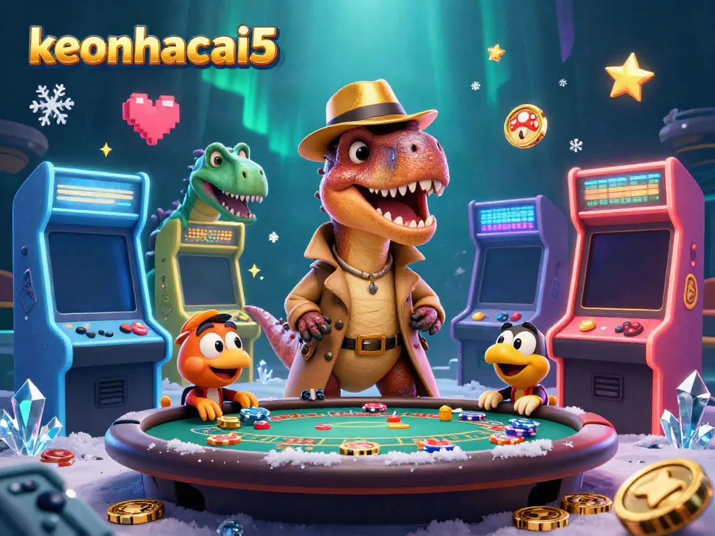 Experience the excitement of keonhacai5 with a velociraptor card counter in a lively casino scene.