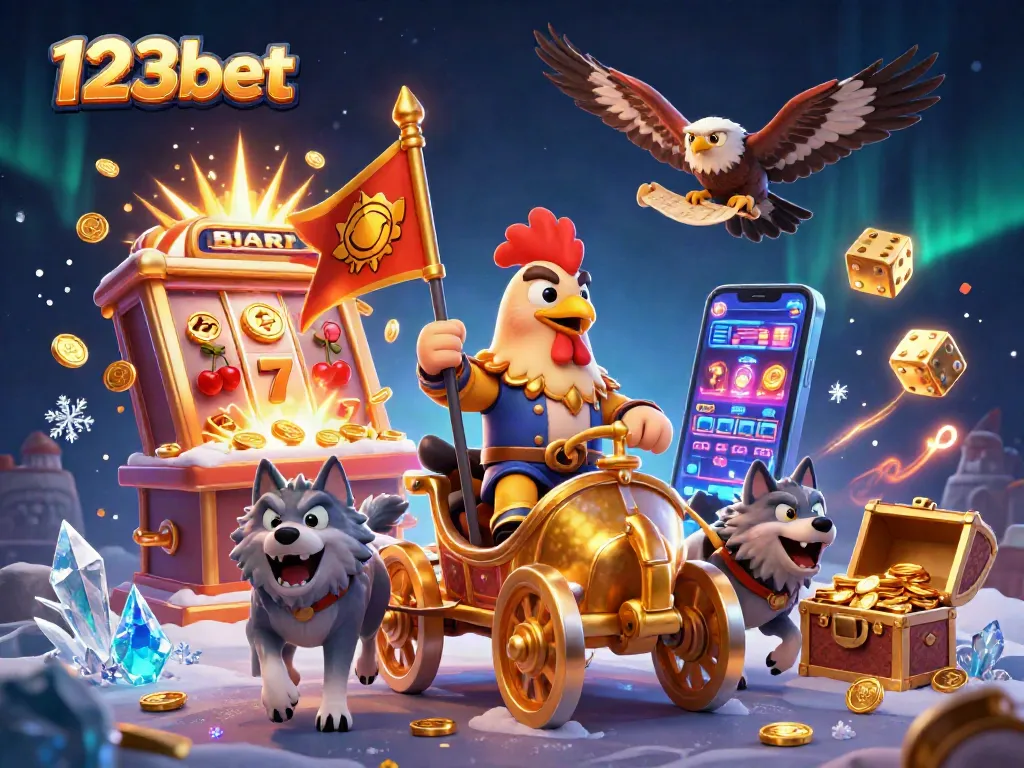 Engage in fun with 123bet's vibrant casino scene featuring a rooster warlord and golden jackpot elements.