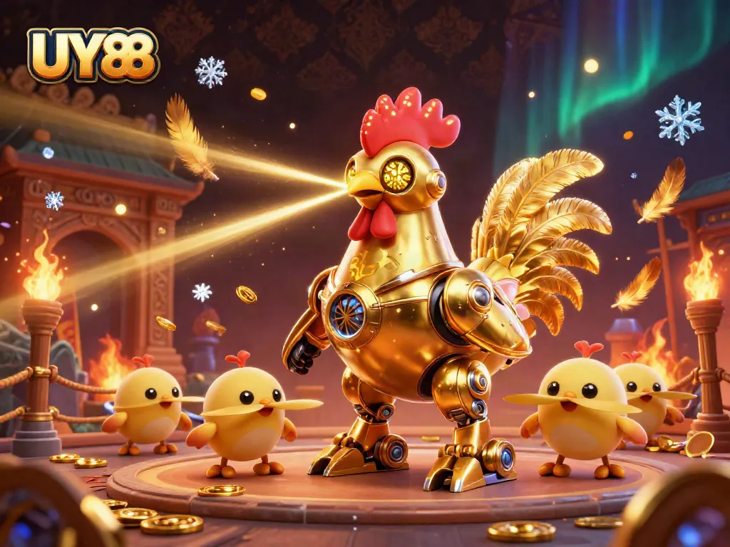 Experience UY88 with the dynamic golden rooster robot and baby chick drones in a vibrant casino setting.