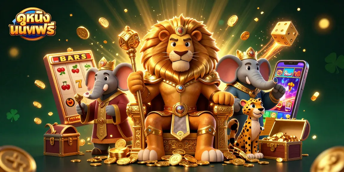 Win big with ดูหนังออนไลน์ฟรี in this vibrant illustration featuring casino elements and engaging characters.