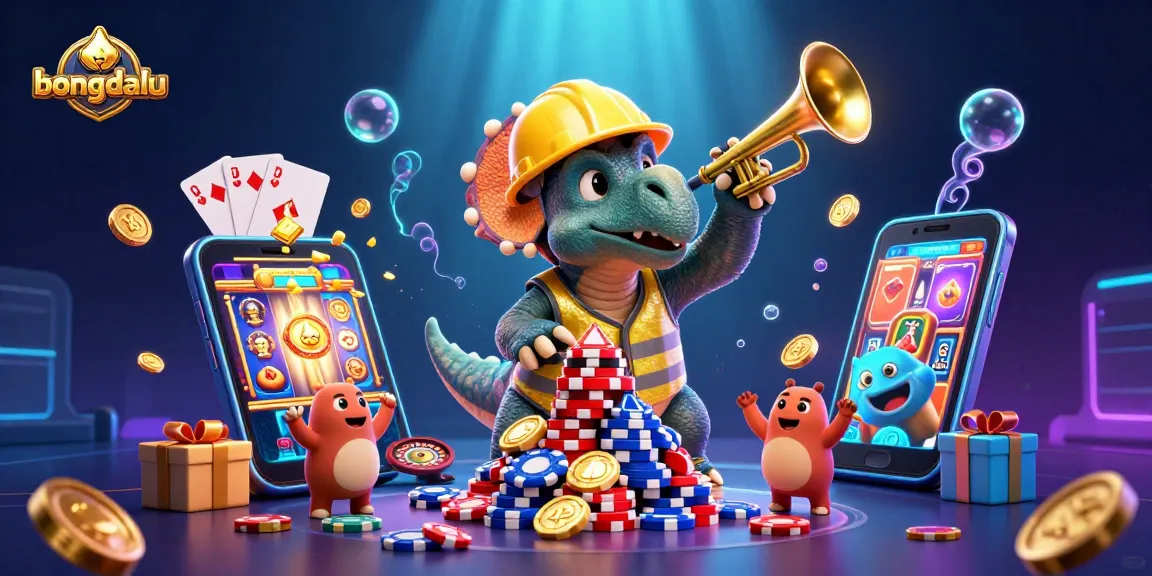 Bongdalu showcases a lively 3D scene with dynamic characters celebrating gambling wins amidst colorful slot games and poker elements.