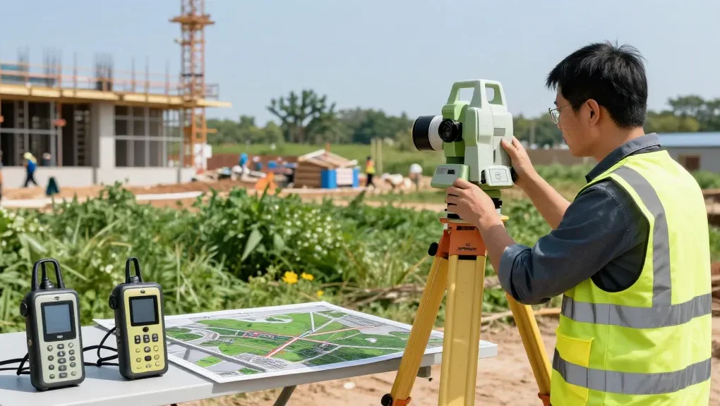 Measured building survey London using advanced surveying tools at a construction site.