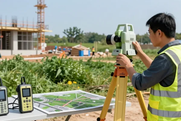Measured building survey London using advanced surveying tools at a construction site.