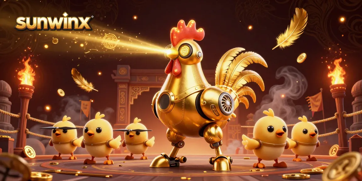 Engage with sunwinx in this vibrant casino scene featuring a golden rooster robot and bet tokens.