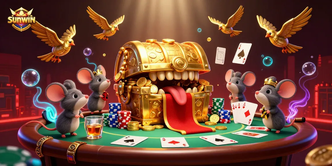 Experience the thrill of sunwin with a vibrant 3D illustration of a golden treasure chest surrounded by poker elements.