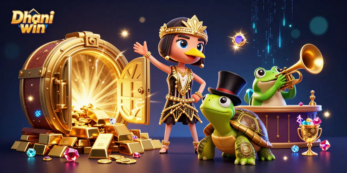 Dhani win players enjoying a vibrant 3D casino illustration with gold treasures and entertaining characters.