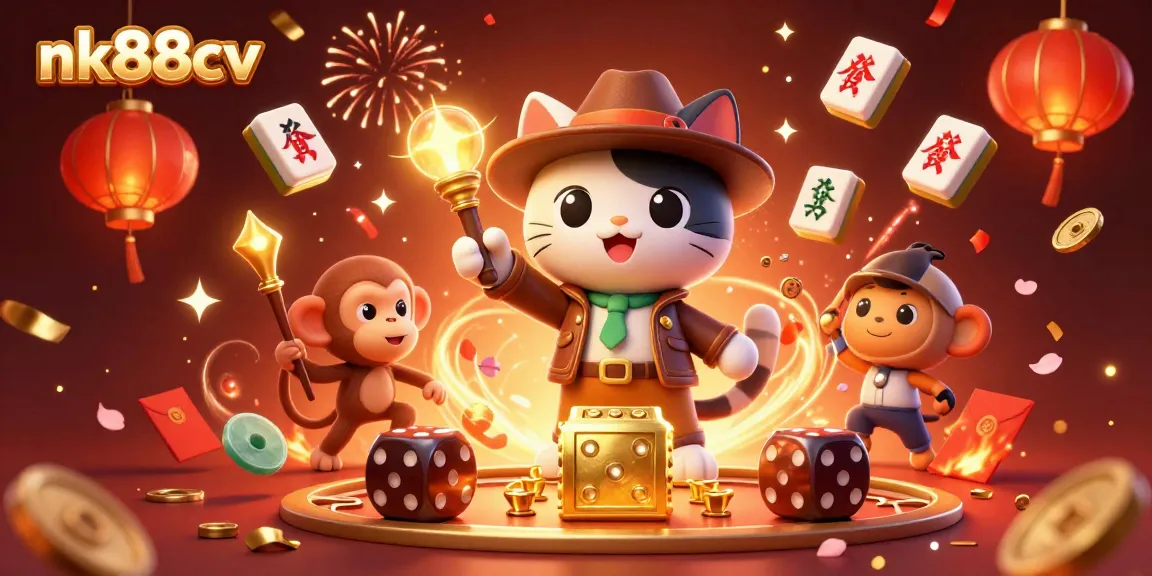 Join the energetic adventure at nk88cv, exploring golden casino treasures with vibrant fireworks and lively characters.