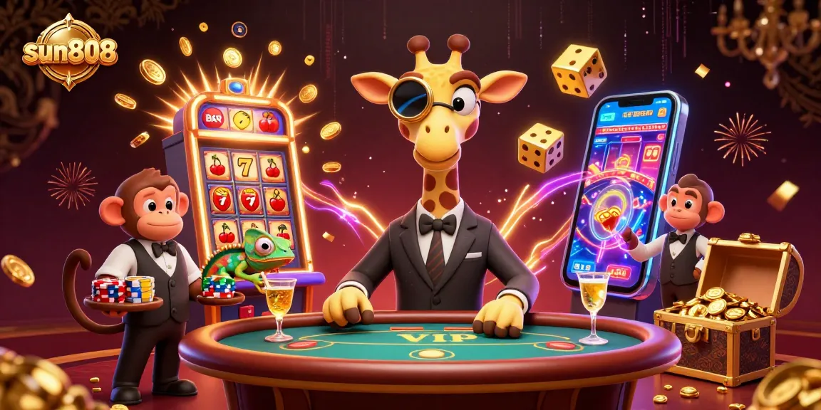 Experience the thrill of sun808 with a dynamic casino scene featuring a high-roller giraffe, slot machines, and golden cocktails.