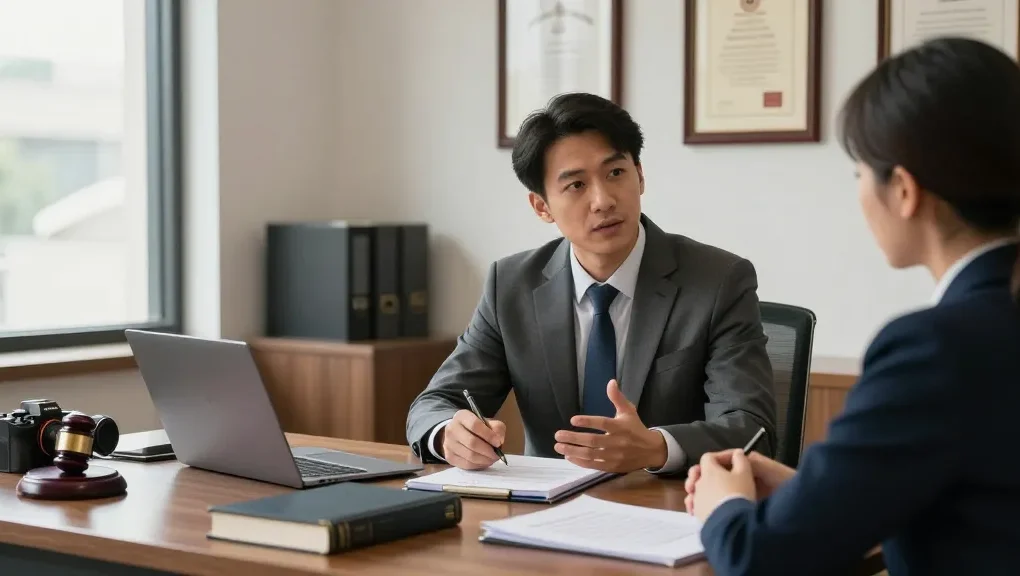 Lawyer consulting a client in a warm office, click for more on legal services.