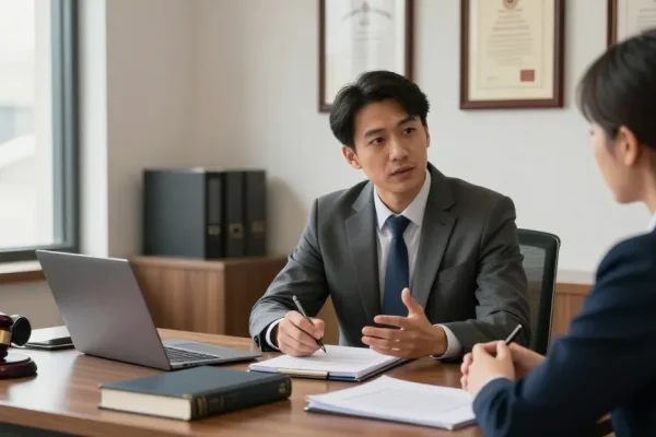Lawyer consulting a client in a warm office, click for more on legal services.