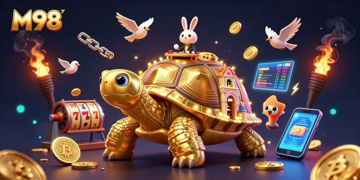M98 offers thrilling adventures in a vibrant golden casino scene with animated characters and cryptocurrency elements.